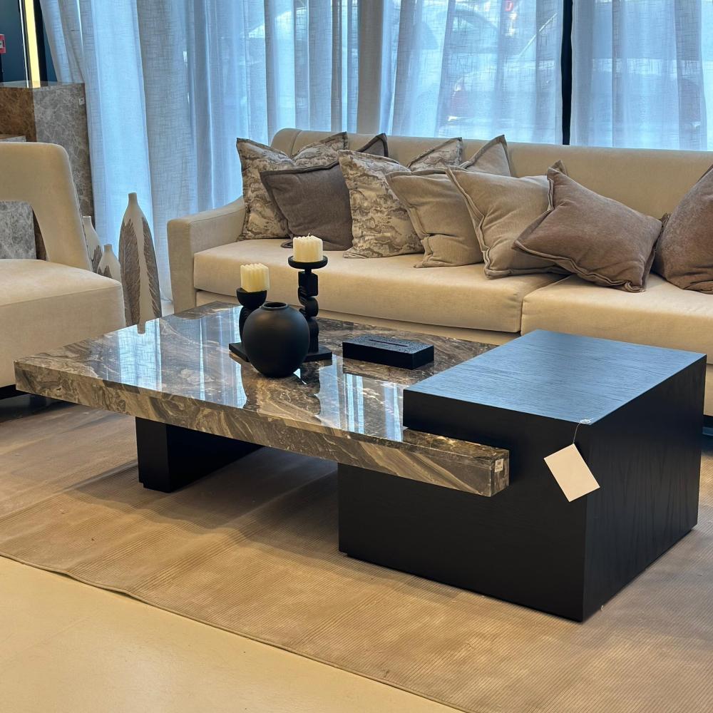 طاولة قهوة بسطح  خشب ورخام 50×180×90سم