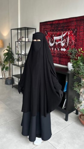 خمار اسلامي + نقاب مبطن حرير اسلامي + قفاز اسود