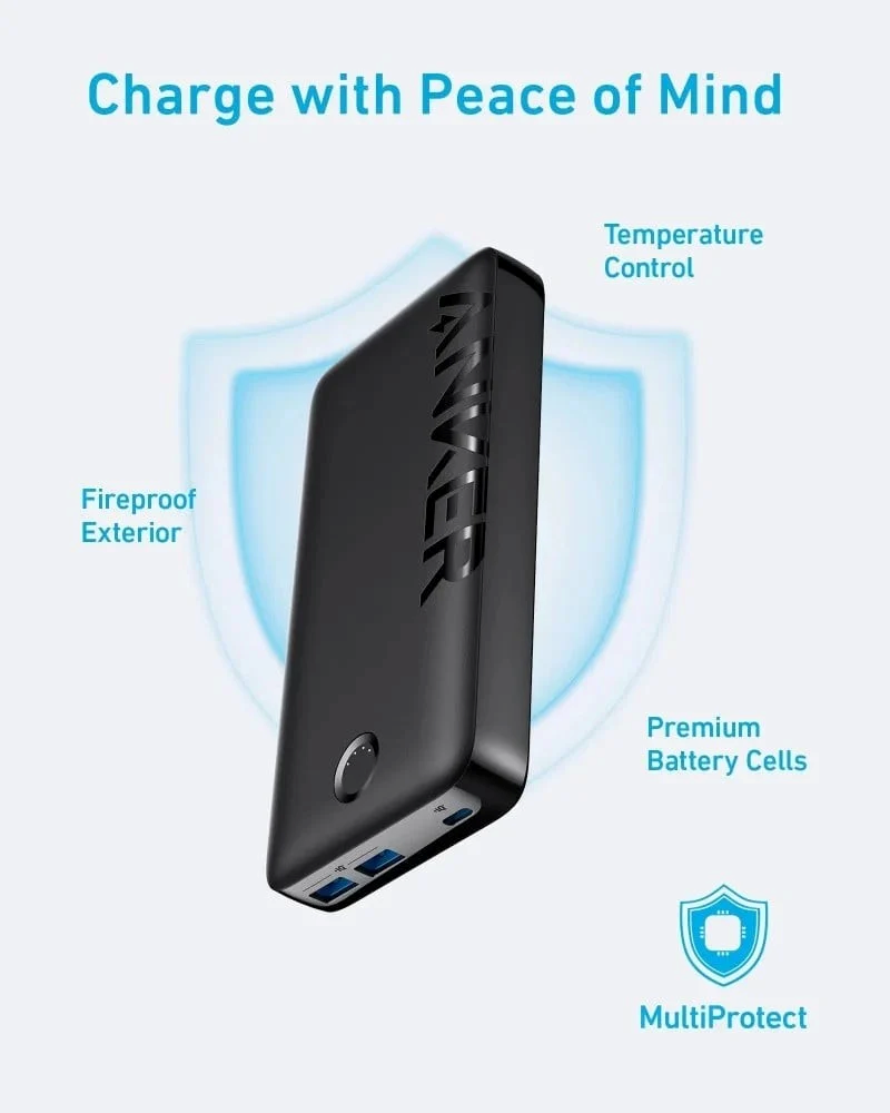 باور بنك انكر 20000 امبير بمنفذين USB-A ومنفذ تايب سي - اسود
