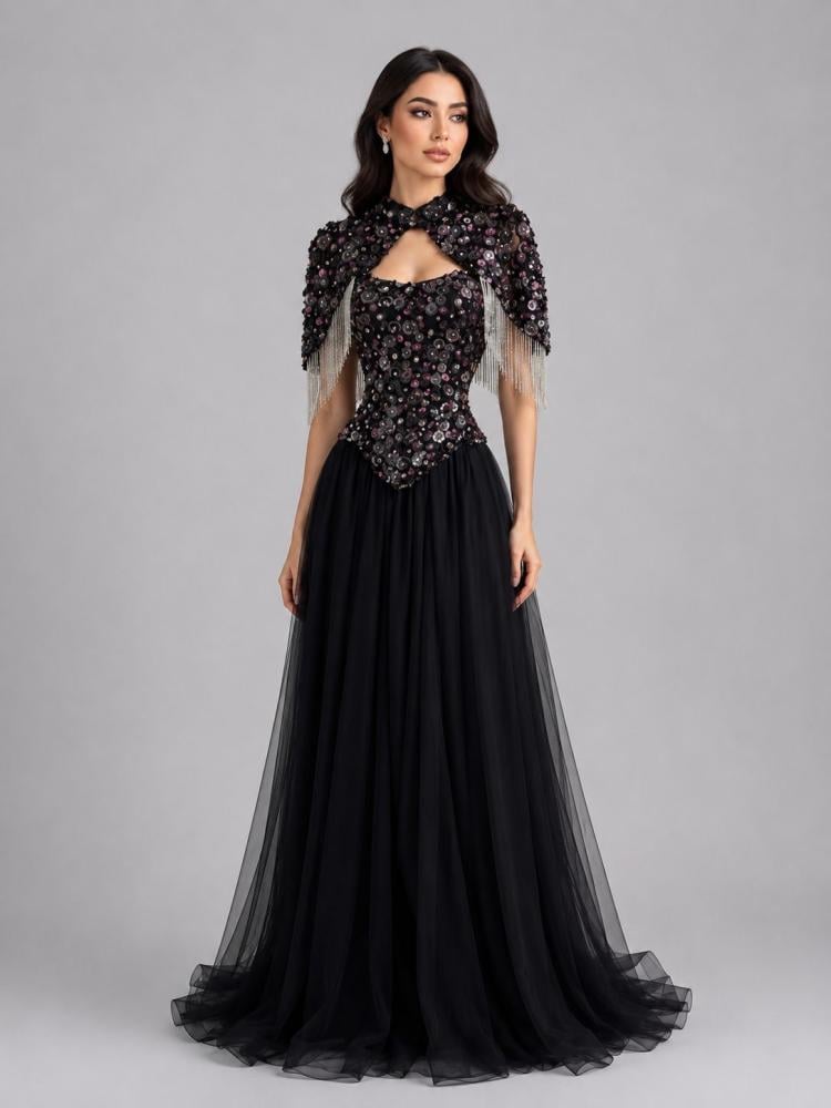 Evening dress black, fabric, bodice, embroidered tulle, double circle skirt