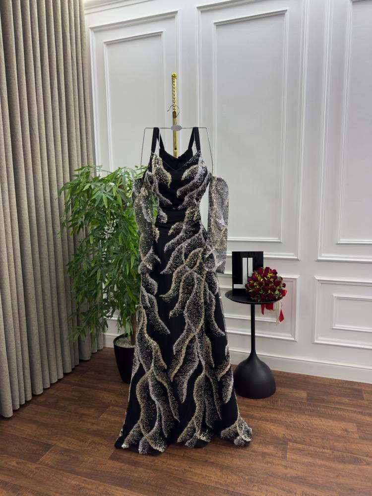 Black and gold evening dress, two-piece floral