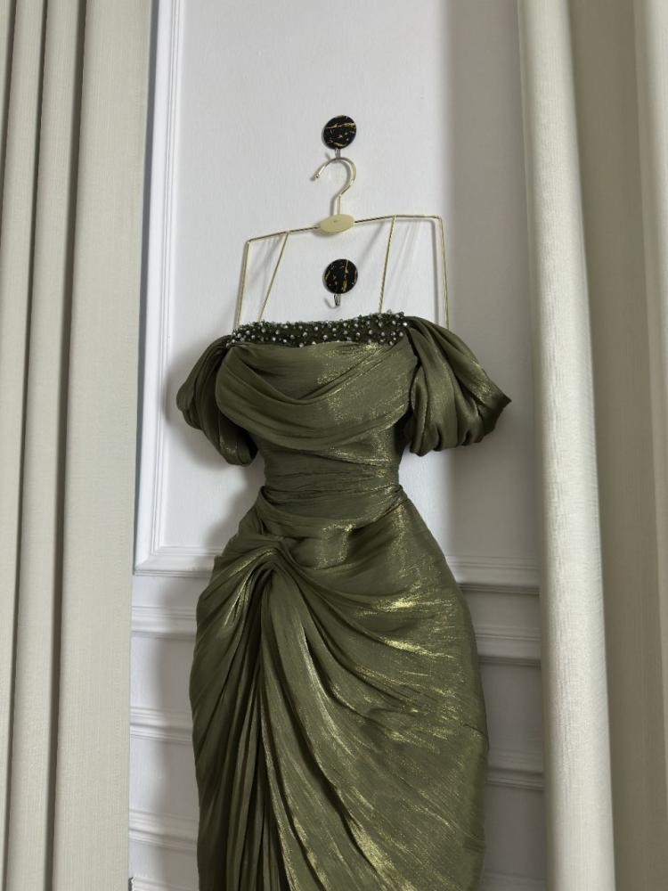 Evening dress olive green fabric crinkle + embroidery