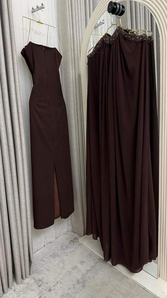 Evening dress brown and wooden raw material chiffon lining georgette stretch + hand embroidery