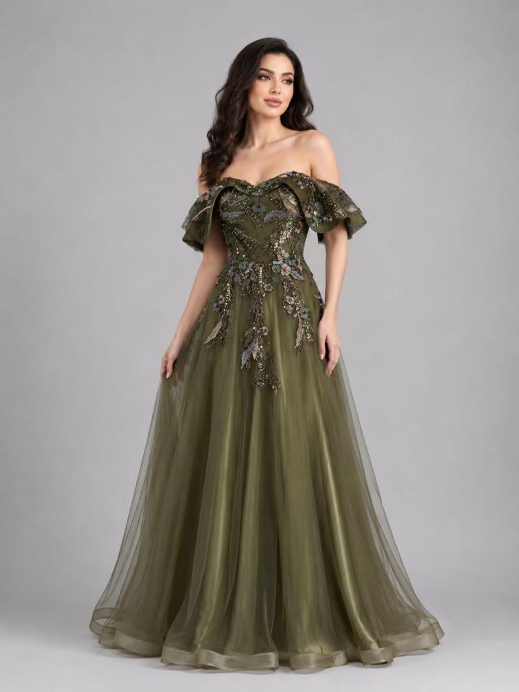 olive green dress material Evening dress olive green material, bodice, cost, double layer tulle, full  flare