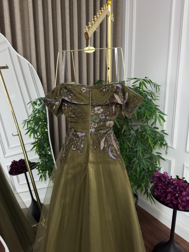 olive green tulle dress Elegant Olive Green Tulle Evening Gown Dress
