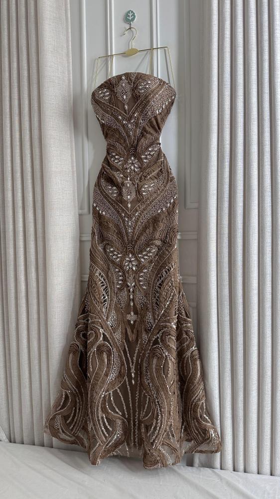 Evening dress brown fabric chiffon cutouts with new style adding Swarovski crystals outlined with sequins lining with a slit