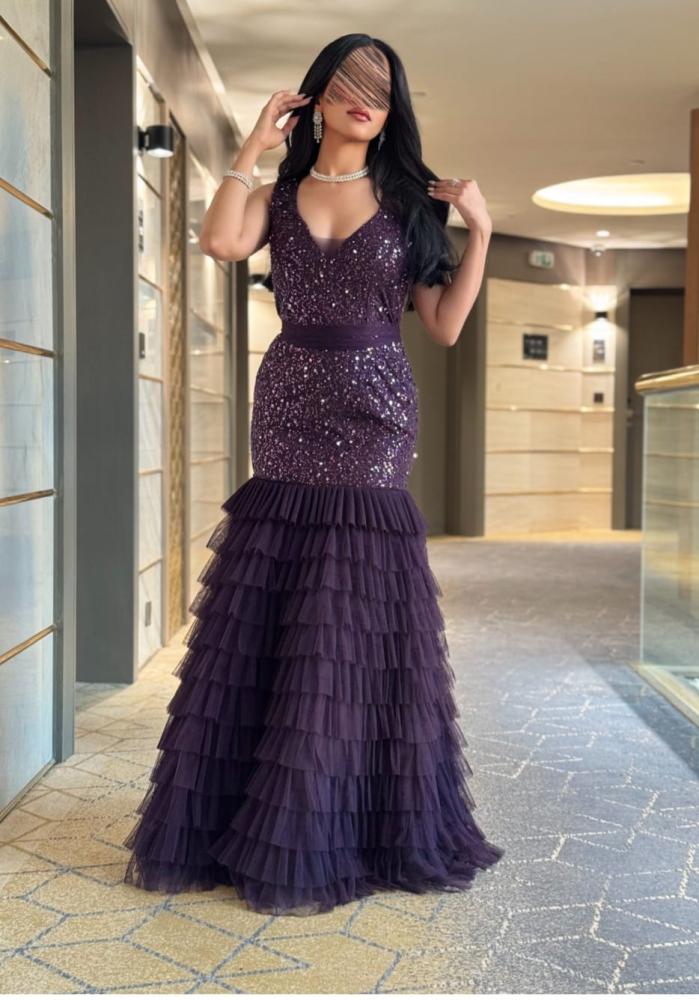 purple layered dress Evening raw material / evening with sequins + tulle categories-dresses
