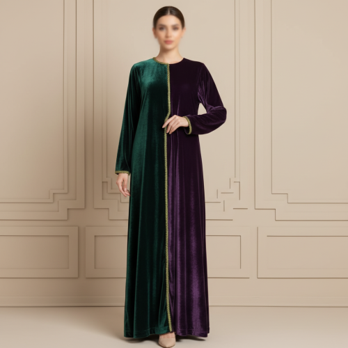 جلابية مخمل بلونين اخضر زيتي وموف مع كريستال