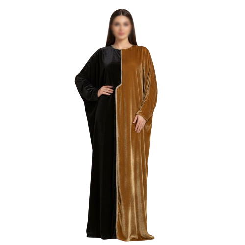 جلابية مخمل بلونين بني وعسلي مع كريستال