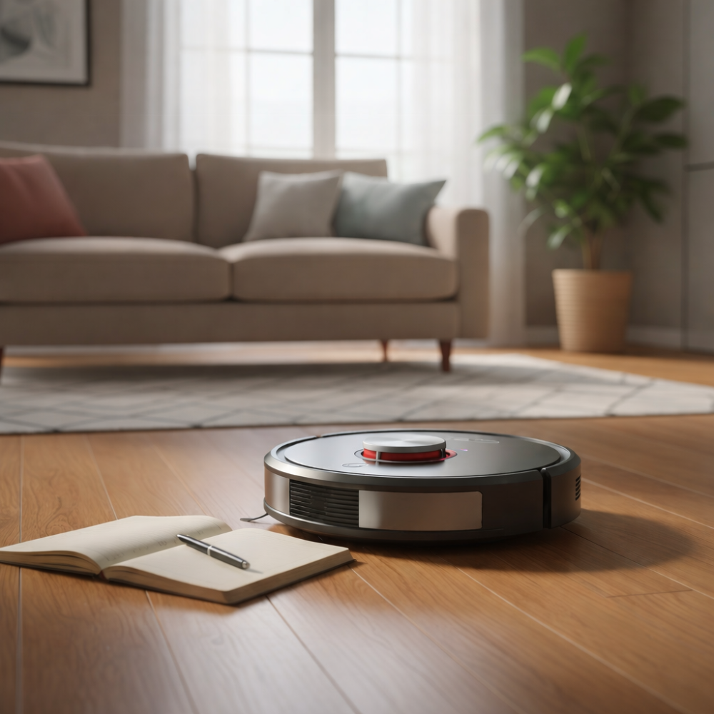 مكنسة ذكية روبوت تنظف أرضية خشبية في غرفة معيشة عصرية