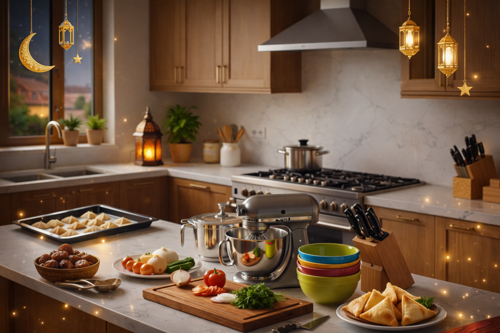 مطبخ مجهز لرمضان بأدوات طبخ حديثة وفوانيس وزينة رمضانية