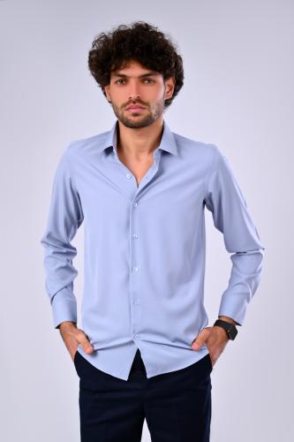 قميص رجالي رسمي ليكرا باللون رمادي طويل الأكمام بي...