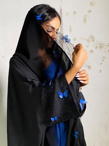 Black Abaya , blue butterfly