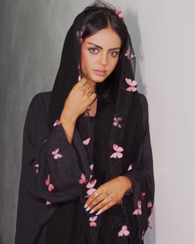 Black Abaya , pink butterfly