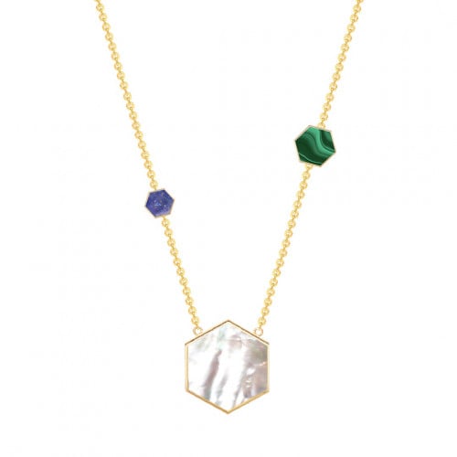 تعليقة 3 مضلعات ، صدف ابيض ، ملاكايت ، لابيز ، ذهب عيار 18