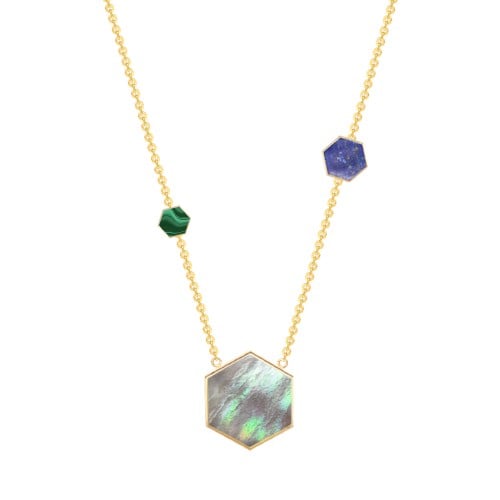 تعليقة 3 مضلعات ، صدف رمادي ، لابيز ، ملاكايت ذهب عيار 18