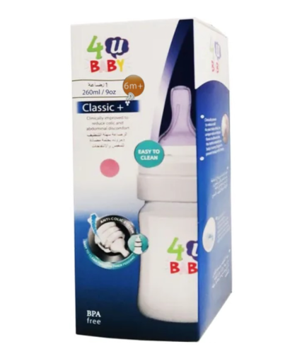 رضاعه فور يو بيبي (من عمر 6 أشهر) بلاستيك كلاسيك (بدون مقبض) مطورة سريرياً لتقليل المغص ومضادة للإنتفاخات _ 260 مل   4U BABy