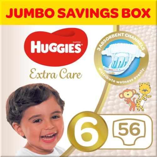 حفائض أطفال، العناية الفائقة، جامبو بوكس مقاس 6 لوزن  +15 كيلو من هجيز  _ 56 حفاض Huggies