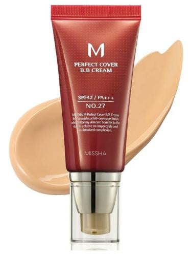 كريم بي بي ام بيرفيكت كوفر رقم 27 هوني بيج من ميشا، درجة متوسطة مع عامل حماية من الشمس 42، ودرجة حماية عالية +++، 48 مل، مرطب ملون للوجه مع عامل حماية من الشمس.  Missha m
