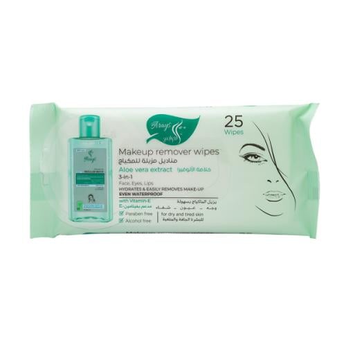مناديل مزيلة للمكياج بخلاصة الصبار من العرايس _  25 منديل. Al Arays