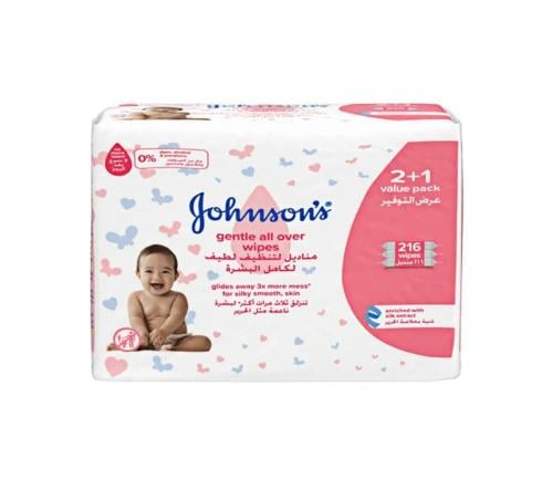 مناديل جونسون للأطفال من جونسون، مناديل لطيفة على البشرة، عبوتان + عبوة واحدة تحتوي على 72 منديل، إجمالي عدد  _ 216 منديل.   Johnson