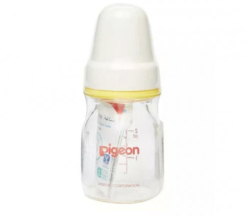 رضاعة زجاجية للأطفال بحلمة مرنه وعنق ضيق وتدفق متنوع من بيجون _ 50 مل بغطاء أبيض. Pigeon