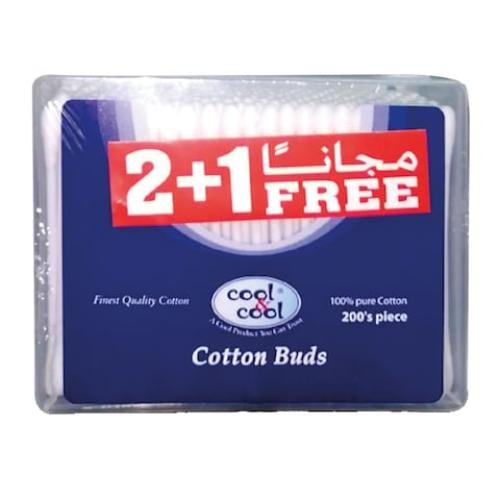كول أند كول أعواد قطن لتنظيف الأذن  عبوة من 3 علب _ 3 × 200 عود / 600 عود.  Cool & Cool