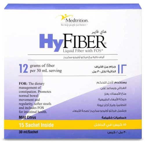 هاي فايبر مكمل ألياف طبيعية للامساك بنكهة الحمضيات يساعد على تحسين حركة الأمعاء _  15 عبوة.  Hy Fiber