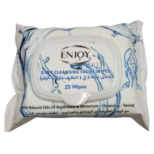 مناديل مبللة 3في1لتنظيف وتوحيد لون البشرة من انجوي  _ 25 قطعة. Enjoy