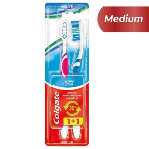 كولجيت فرشاة اسنان تربل اكشن متوسطة النعومة قطعتان 1 + 1( متعددة الالوان ) / Colgate