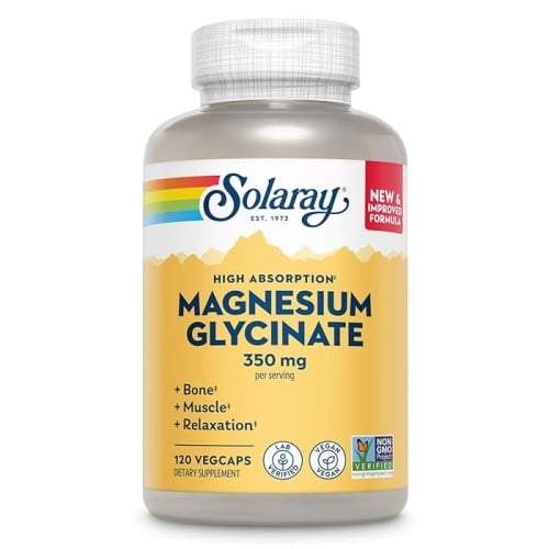 Solaray Magnesium Glycinate، بيسجليسينات جديدة ومحسنة بالكامل مع BioPerine، تركيبة عالية الامتصاص، دعم الإجهاد والعظام والعضلات والاسترخاء، ضمان 60 يومًا (30 وجبة، 120 كبسولة نباتية)