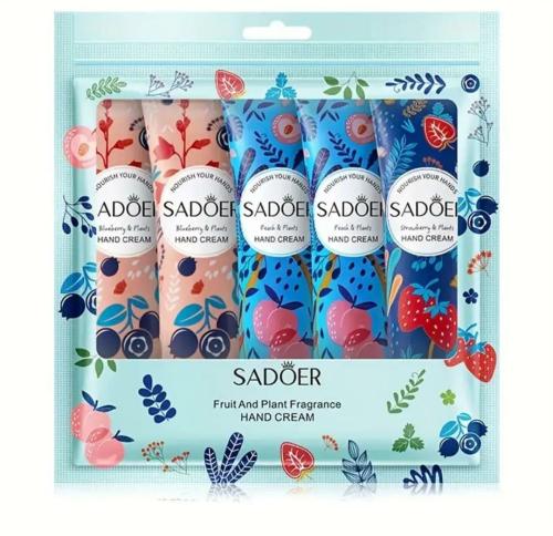 مجموعه  سادوير كريمات اليدين مكونة من بخلاصة ( فراولة - خوخ - عنب ) ينعم اليدين ويزيد نعومتها ويعمل على ترطيبها وتبييضها _ 30 جرام في 5 قطع Sadoer