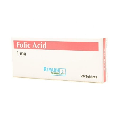 فوليك أسيد 1 مجم، لعلاج نقص حمض الفوليك - 20 قرص.  Folic Acid 1 Mg,
