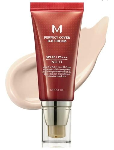 بي كريم ام بيرفيكت كوفر من ميشا بمعامل حماية اشعة الشمس 42 درجة الأشعة فوق البنفسجية PA+++ رقم 13 بيج فاتح 20 مل لنوع البشرة حساسة.  Missha m