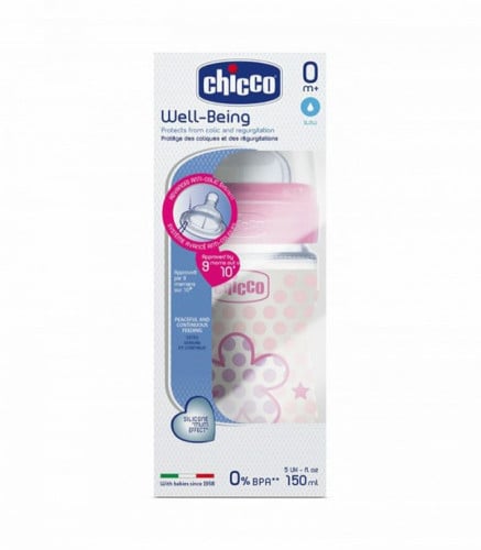 رضاعة حليب بلاستيك صحية ويل بيينج لتدفق طبيعي من شيكو زهري وابيض  _ 150مل Chicco