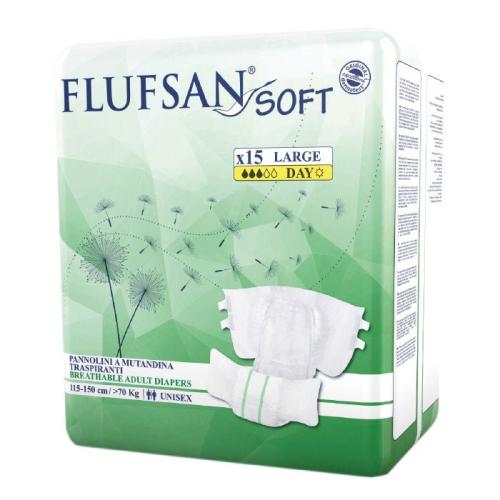 حفاضات فلوسان سوفت للكبار مقاس  L كبير 110-150 سم - 15 حفاضة.  Flufsan
