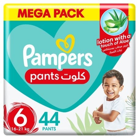 بامبرز حفاضات كِلوت بيبي دراي مع لوشن الصبار، مقاس 6، 16-21 كجم، 44 كلوت.   pampers
