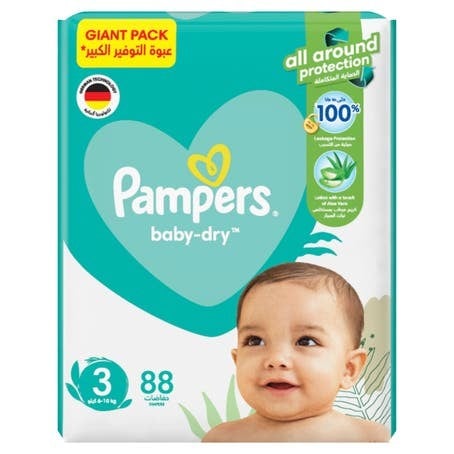 بامبرز حفاضات بيبي دراي مع لوشن الصبار، مقاس 3، 6-10 كجم، 88 حفاضة.  pampers