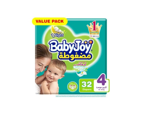 Baby joyحفائض أطفال بحشوة ماسية مضغوطة، مقاس 4 كبير، العبوة الاقتصادية، من 10 - 18 كيلو،من بيبي جوي _  32 حفاض