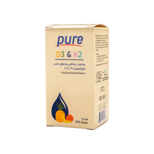 PURE VITAMIN D3+K2 15 ML DROPS | بيور نقاط فيتامين د3 + ك 2 بنكهة الفواكة المشكلة  _ 15 مل