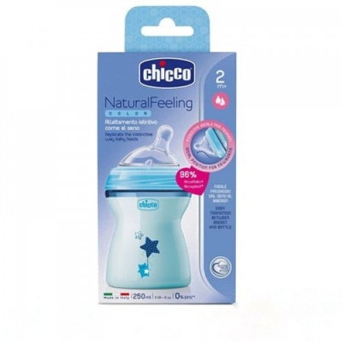 رضاعة بلاستيك شيكو 250 مل الإحساس الطبيعى للرضاعة لعمر 2 شهور أزرق Chicco