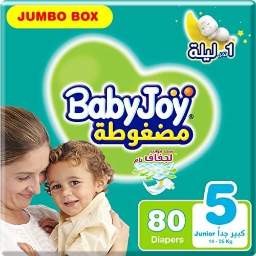 Baby joy حفائض أطفال  الحشوة الماسية المضغوطة مقاس 5 ، جونيور ، 14-25 كغ ، الصندوق الجامبو _  80 حفاض