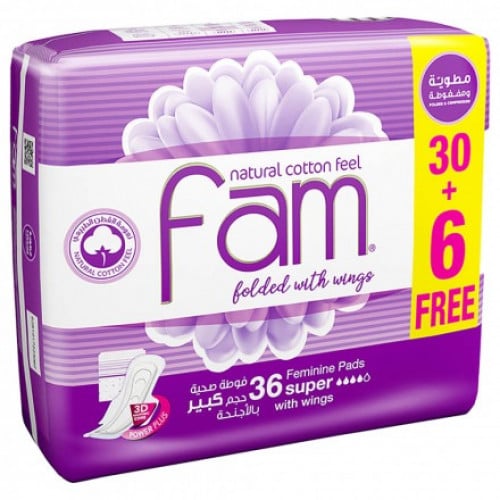 Fam فوط نسائية مطوية و مضغوطة سوبر  من فام  _ 36 فوطة ، 6 عبوات