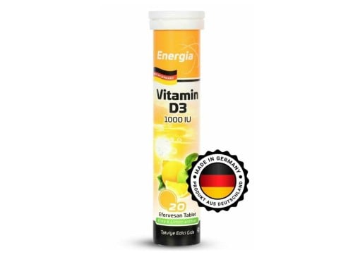 إنيرجيا فيتامين د3 (1000 وحدة دولية) بنكهة تفاح وليمون مع بدائل السكر  مكمل غذائي لأقراص فوارة _ 20 قرص فوار  Energia