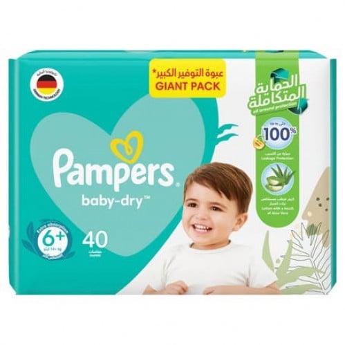 حفائض أطفال بامبرز بيبي دراي مع لوشن الصبار،  مقاس +6، 14+ كجم من بامبرز _  40 حفاض pampers