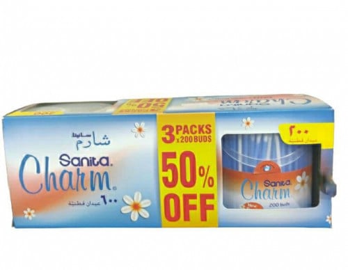 أعواد قطنية للأذن 100٪ ،قطن من سانيتا شارم _  600 (200 × 2 + 1) عود Sanita