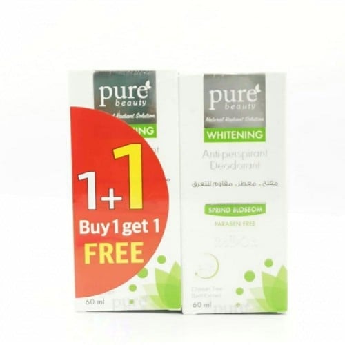 بيور بيوتي مزيل عرق بخلاصة ورق الشاي الأخضر  مفتح معطر ومقاوم للتعرق _ 60 + 60  مل  عرض حبة + حبة مجانا.  Pure Beauty