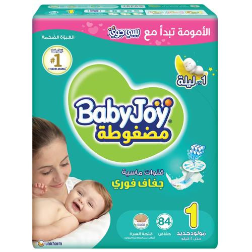 حفاضات بيبي جوي 2 × وسادة ماسية مضغوطة، مقاس 1، لحديثي الولادة، 0-4 كجم، عبوة كبيرة _  84 حفاضة. Baby joy