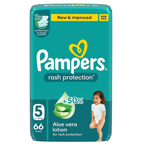 بامبرز حفاضة حماية من التسلخات بالصبار مقاس 5 عبوة ميجا - 66 حفاضة.   pampers