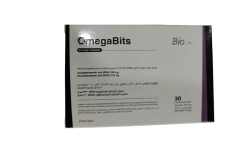 Bio life omegabits اوميجا بايتس مكمل غذائي يحتوي على زيت السمك النقي ( 1000 ملجم ) من أحماض اوميجا الدهنية بنكهة البرتقال مفيد للحوامل  _ 30 قرص للمضغ